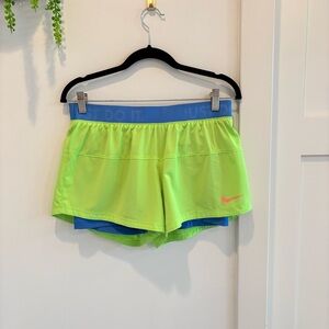 Nike Dri-Fit Icon Woven 2-1 Women's Shorts Lime Green Blue Size Medium 4" inseam